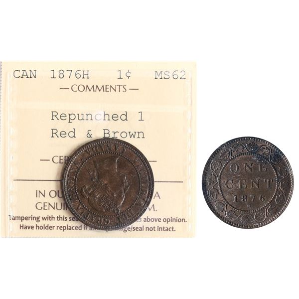 1876H 1¢ Repunched 1 ICCS Choice Mint State-62RB.