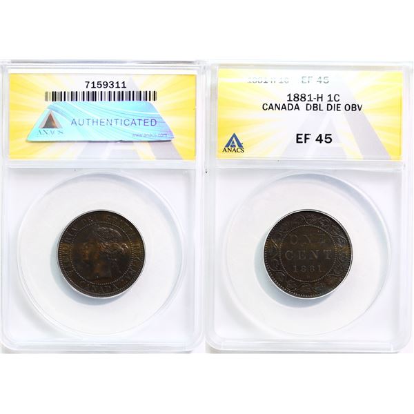 1881H 1¢ "DOUBLE DIE OBVERSE" ANACS Choice Extra Fine-45, A nice example of this very scarce variety