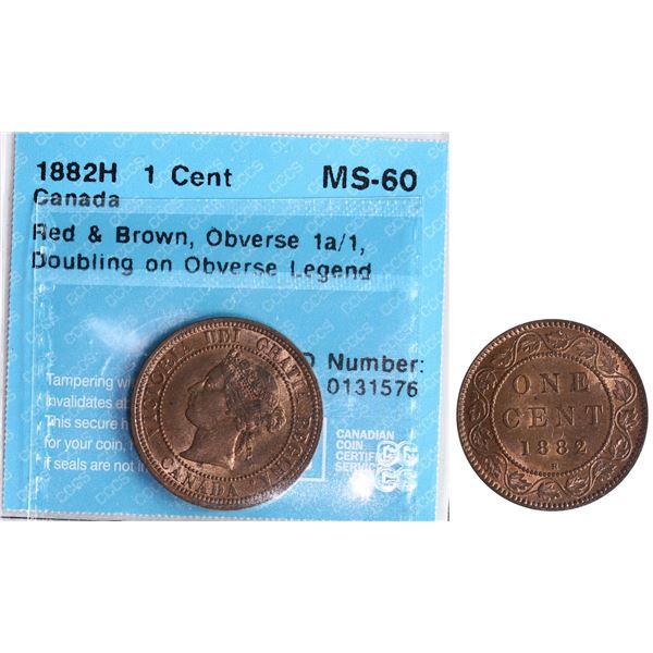 1882H 1¢ "Obv 1a/1" CCCS Mint State-60.  Doubling on Obverse legend.