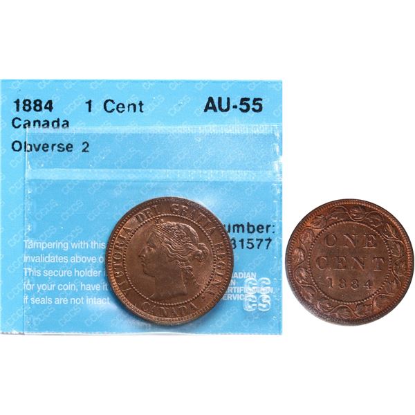 1884 1¢ "Obv 2" CCCS Choice About Uncirculated-55.  Strong lustre with plenty of colour for grade.