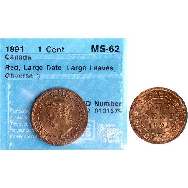 1891 1¢ "LD LL" Obv 3 CCCS Choice Mint State-62RD.  Attractive example with plenty of lustre.