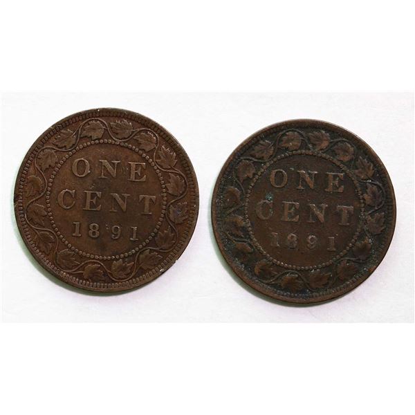 1891 1¢ SDLL Obv 2 & Obv 3, Fine or better, lot of 2 coins.