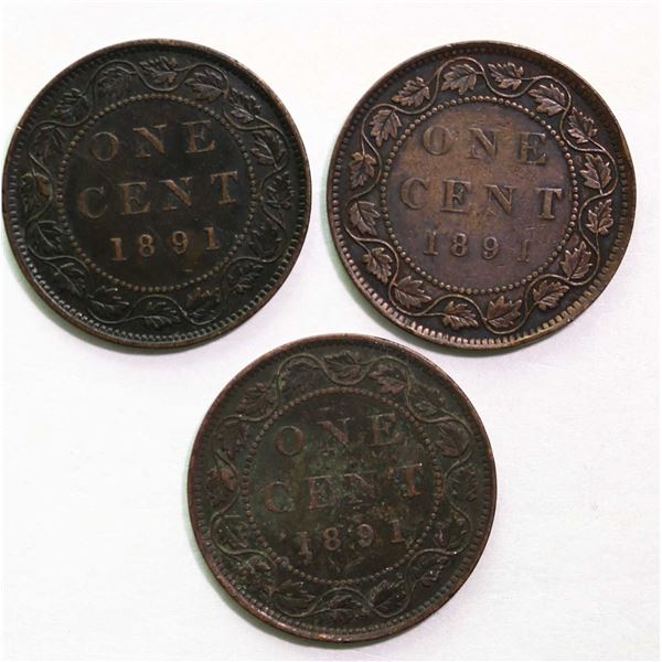 1891 1¢ SDSL Obv 2, Obv3 (2) all VF or better, lot of 3 coins.