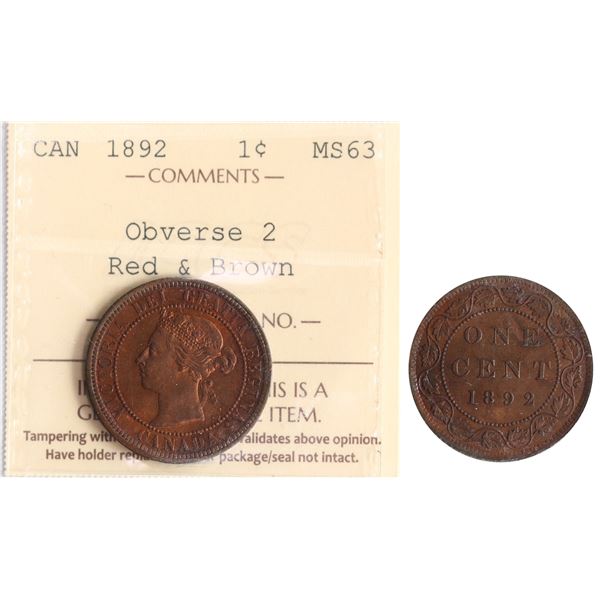 1892 1¢ Obv 2 ICCS Choice Mint State-63RB.