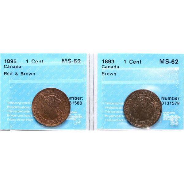1893 1¢ Choice Mint State-62BN & 1895 Choice Mint State-63RB both CCCS graded.  Lot of 2 coins..
