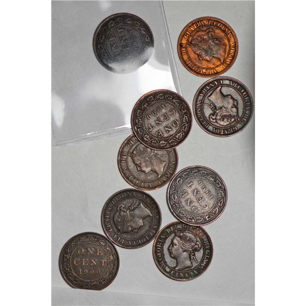 1896 1¢ Far 6 Fine, and 1900 X 8 VF, lot of 9 coins.