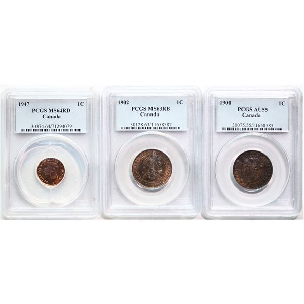 1900 1¢ Choice About Uncirculated-55, 1902 Choice Mint State-63, 1947, All 3 coins PCGS graded.
