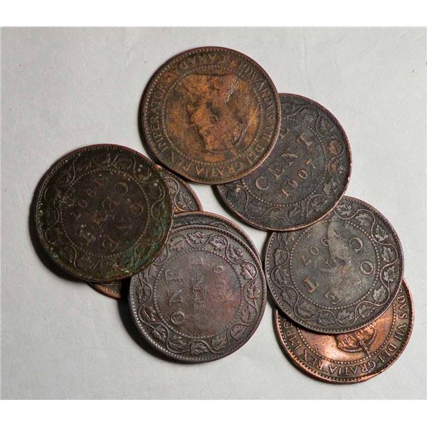 1900 1¢ X 2, and 1907H X 6 all Cull to Good, lot of 8 coins.
