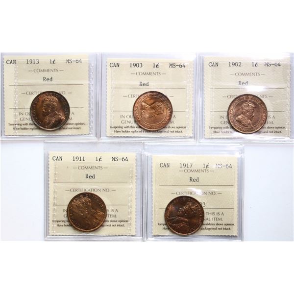 1902 1¢ , 1903, 1911, 1913, 1917, All 5 coins ICCS Very Choice Mint State-64 Red.