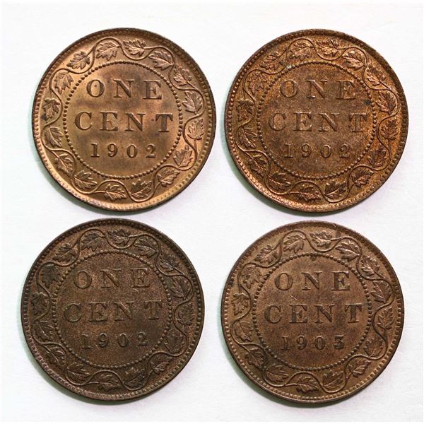 1902 1¢ X 3, and 1903 X 1, all UNC RB, lot of 4 coins.