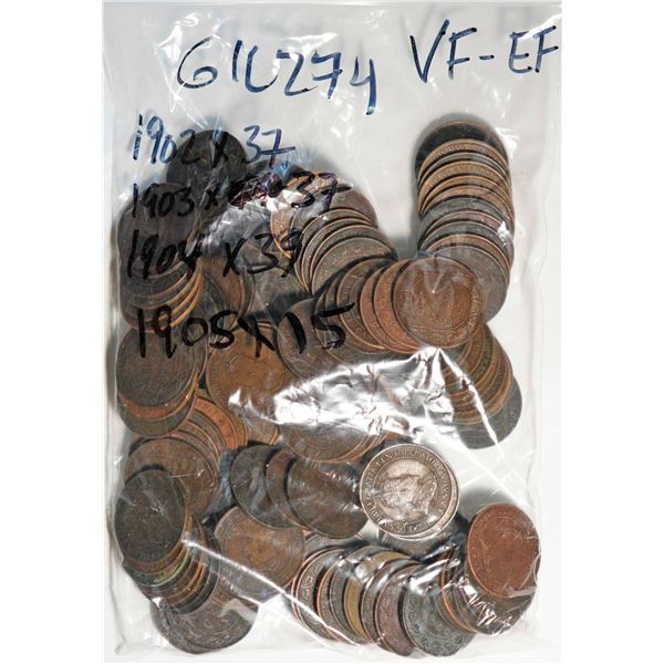 1902 1¢ X 37, 1903 X 37, 1904 X 39, and 1905 X 15, all VF-EF, lot of 128 coins.