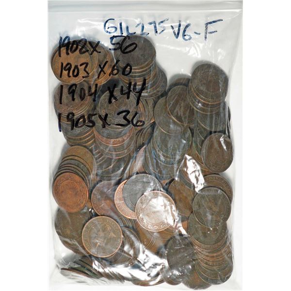 1902 1¢ X 56, 1903 X 60, 1904 X 44, and 1905 X 36, all VG-F, lot of 196 coins.