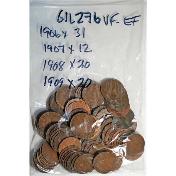 1906 1¢ X 31, 1907 X 12, 1908 X 20, and 1909 X 20, all VF-EF, lot of 83 coins.