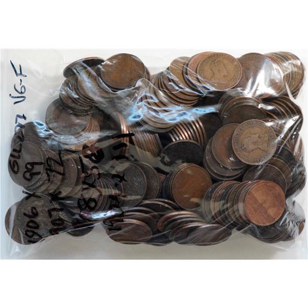 1906 1¢ X 99, 1907 X 72, 1908 X 58, and 1909 X 111, all VG-F, lot of 340 coins.