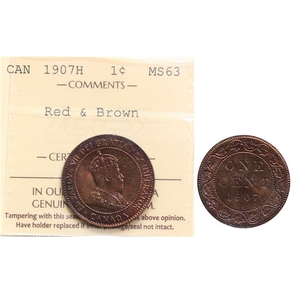 1907H 1¢ ICCS Choice Mint State-63RB.  An attractive key issue.