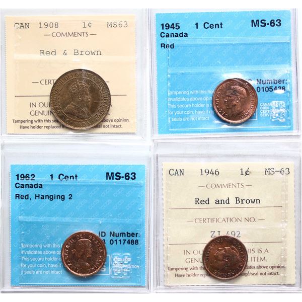 1908 1¢, 1945, 1946, 1962 "Hanging 2" All 4 coins CCCS/ICCS Choice Mint State-63