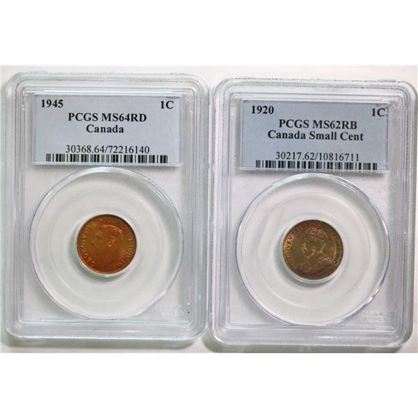 1920 1¢ "Small" Choice Mint State-62 RB, 1945 1¢ PCGS Very Choice Mint State-64 Red.  Lot of 2 coins