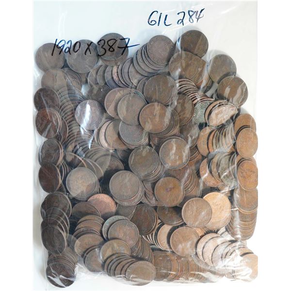 1920 1¢ Large VG to EF, lot of 387 coins.