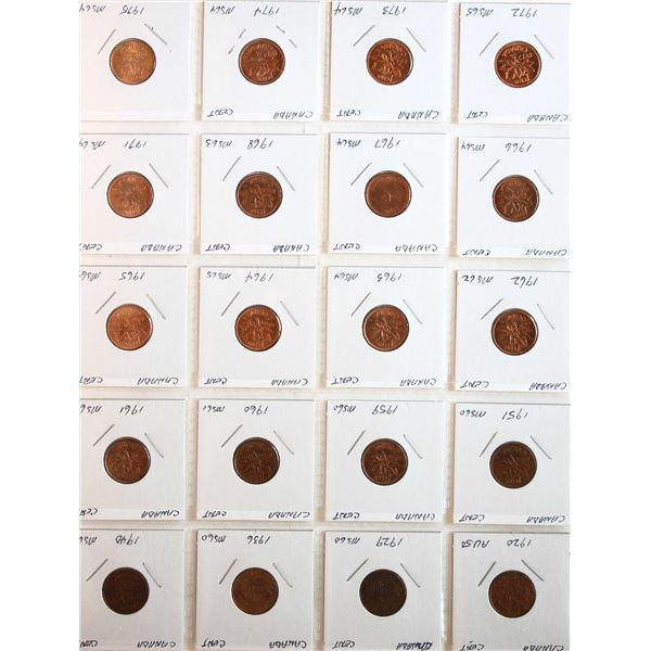 1920-1975 1¢,  VG to Choice Unc. Lot of 20 coins.