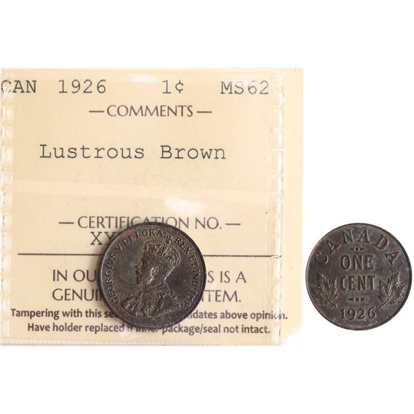 1926 1¢ ICCS Choice Mint State-62 Lustrous Brown.  Attractive key date example.