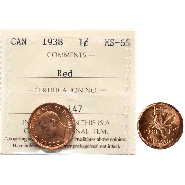 1938 1¢ ICCS Gem Mint State-65 Red