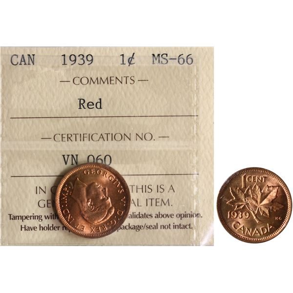 1939 1¢ ICCS Superb Gem Mint State-66 Full Red. This is a Pristine and stunning issue with great eye