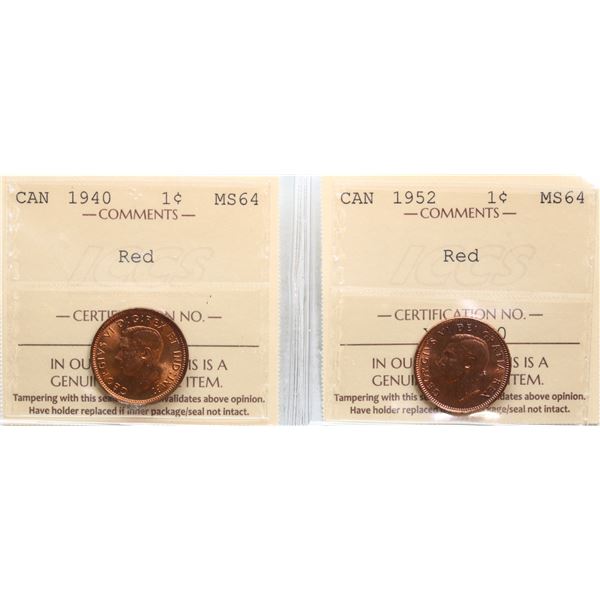 1940 1¢, 1952 Both coins ICCS Very Choice Mint State-64 Full red.