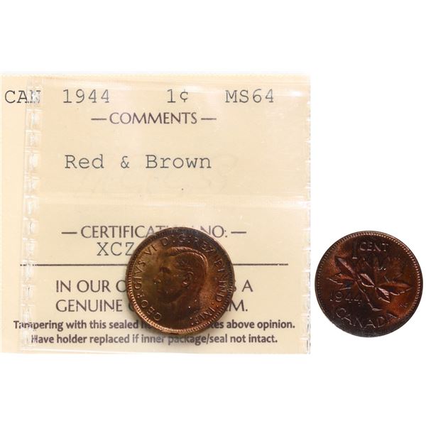 1944 1¢ ICCS Very Choice Mint State-64.  Lustrous 90% RB example.