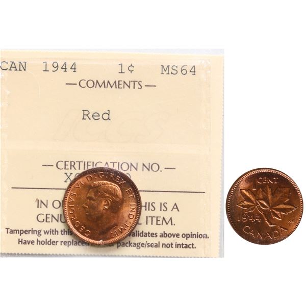 1944 1¢ ICCS Very Choice Mint State-64.  Lustrous 90% red.
