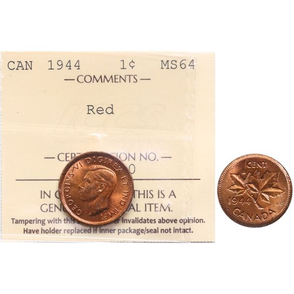 1944 1¢ ICCS Very Choice Mint State-64.  Lustrous Red issue.  Attractive for grade.