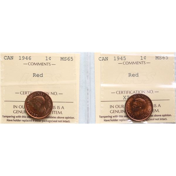 1945 1¢ & 1946  ICCS Gem Mint State-65RD.  Lot of 2 gem red coins.