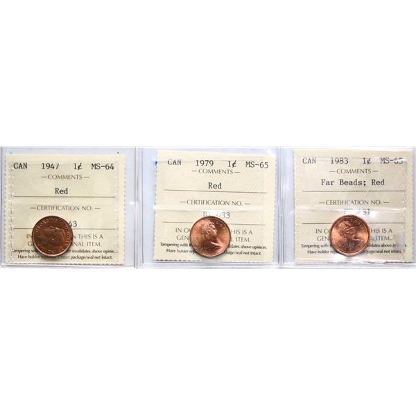 1947 1¢, 1979, 1983 "Far Beads" All 3 coins ICCS Very Choice Mint State-64 to Gem Mint State-65