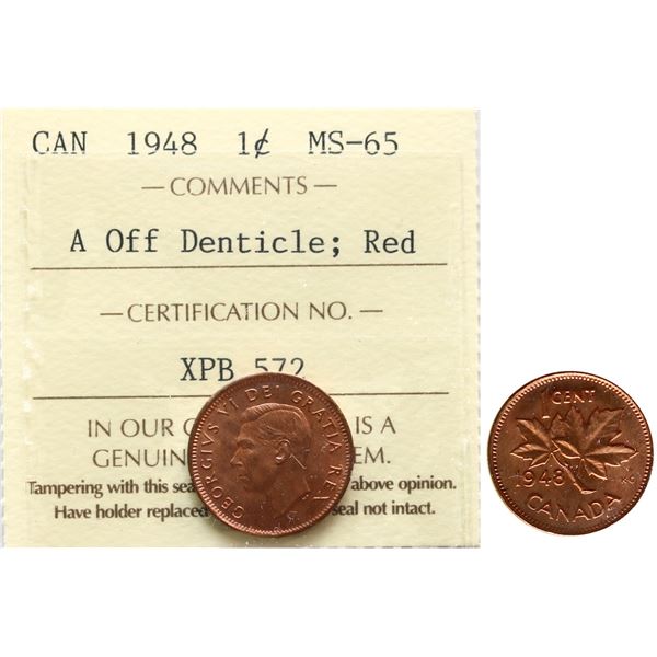 1948 1¢ "A off Dent" ICCS Gem Mint State-65 Red