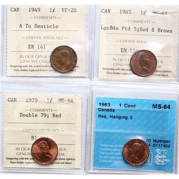 1949 1¢  "A to Dent.", 1963 "Hanging 3", 1965 "LB P5", 1979 "Double 79", Lot of 4 ICCS/CCCS coins.  