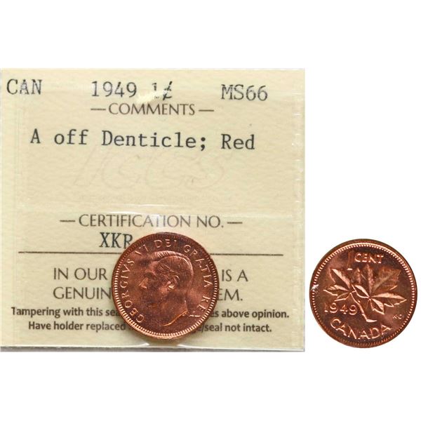 1949 1¢ A Off Dent ICCS Superb Gem Mint State-66RD. Superb 100% full red example.