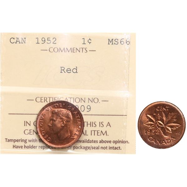 1952 1¢ ICCS Superb Gem Mint State-66RD.  Lustrous full red gem example.