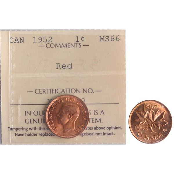 1952 1¢ ICCS Superb Gem Mint State-66RD. Virtually Full red and lustrous example. 2025 New Year's Sa