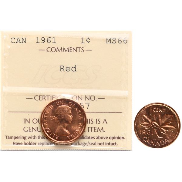 1961 1¢ ICCS Superb Gem Mint State-66 Full Red. A similar example brought $595 in the 2022 RCNA Sale