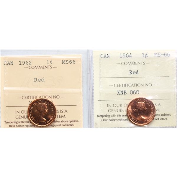 1962 1¢ & 1964 both ICCS Superb Gem Mint State-66RD.  Lot of 2 gem coins.