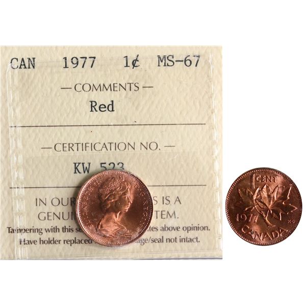1977 1¢ ICCS Superb Gem Mint State-67 Full Red, Blazing example with great lustre and surfaces.