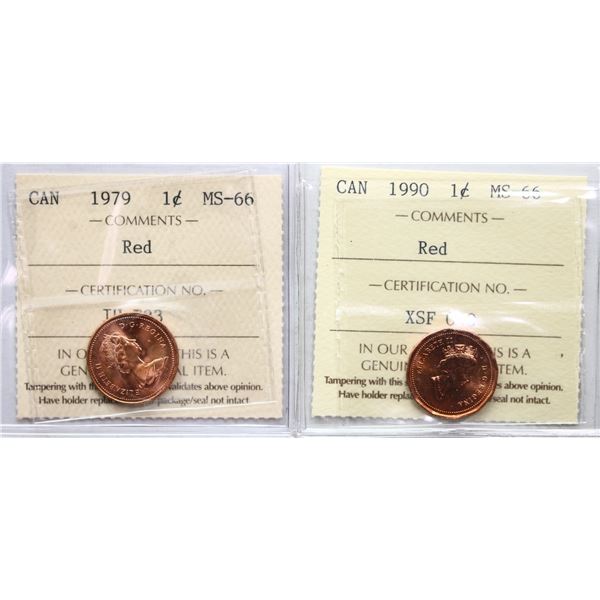 1979 1¢, 1990, Both coins ICCS Superb Gem Mint State-66 Blazing Red.
