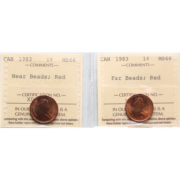 1983 1¢ 'Near & Far Beads", Both coins ICCS Superb Gem Mint State-66 Full Red.