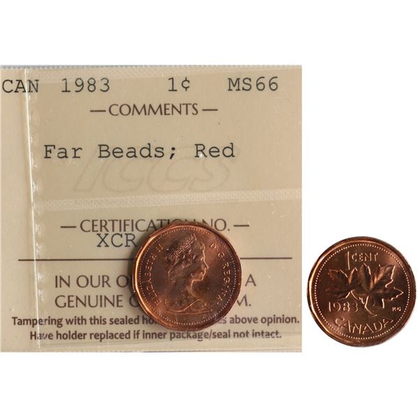 1983 1¢ "Far Beads" ICCS Superb Gem Mint State-66 Full Red. This is a Pristine and stunning issue wi