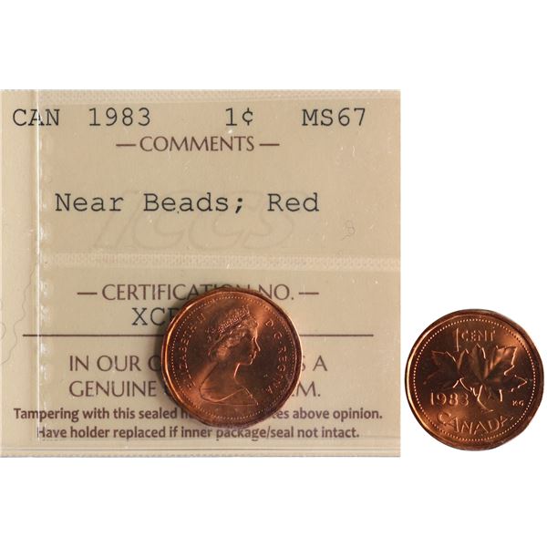 1983 1¢ "Far Beads" ICCS Superb Gem Mint State-67 Full Red. This is a Pristine and stunning issue wi