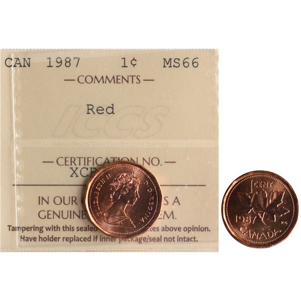 1987 1¢ ICCS Superb Gem Mint State-66 Full Red. This is a Pristine and stunning issue with great eye