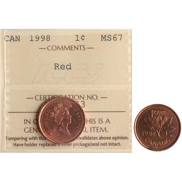1998 1¢ ICCS Superb Gem Mint State-67 Full Red. This is a Pristine and stunning issue with great eye