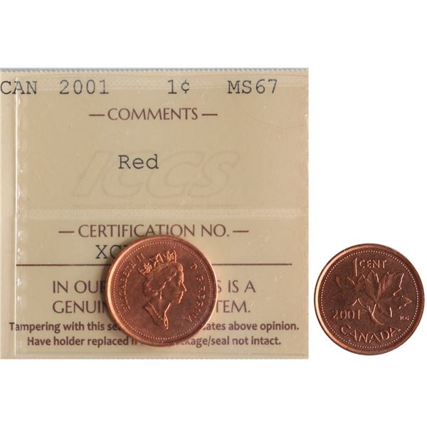 2001 1¢ ICCS Superb Gem Mint State-67 Full Red. This is a Pristine and stunning issue with great eye