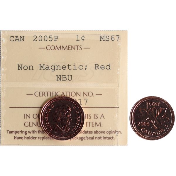 2005-P "1¢ "Non Magnetic" ICCS Superb Gem Mint State-67 Full Red.  Scarce and sought after modern va