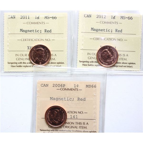 2006-P 1¢ "Magnetic", 2011 "Magnetic", 2012 "Magnetic", all 3 coins ICCS Superb Gem Mint State-66 Fu