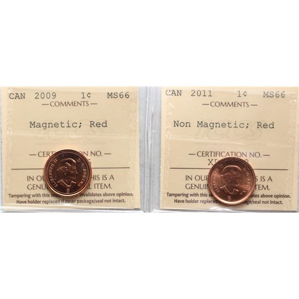 2009 1¢ "Magnetic", 2011 "Non Magnetic", Both coins ICCS Superb Gem Mint State-66 Full red.